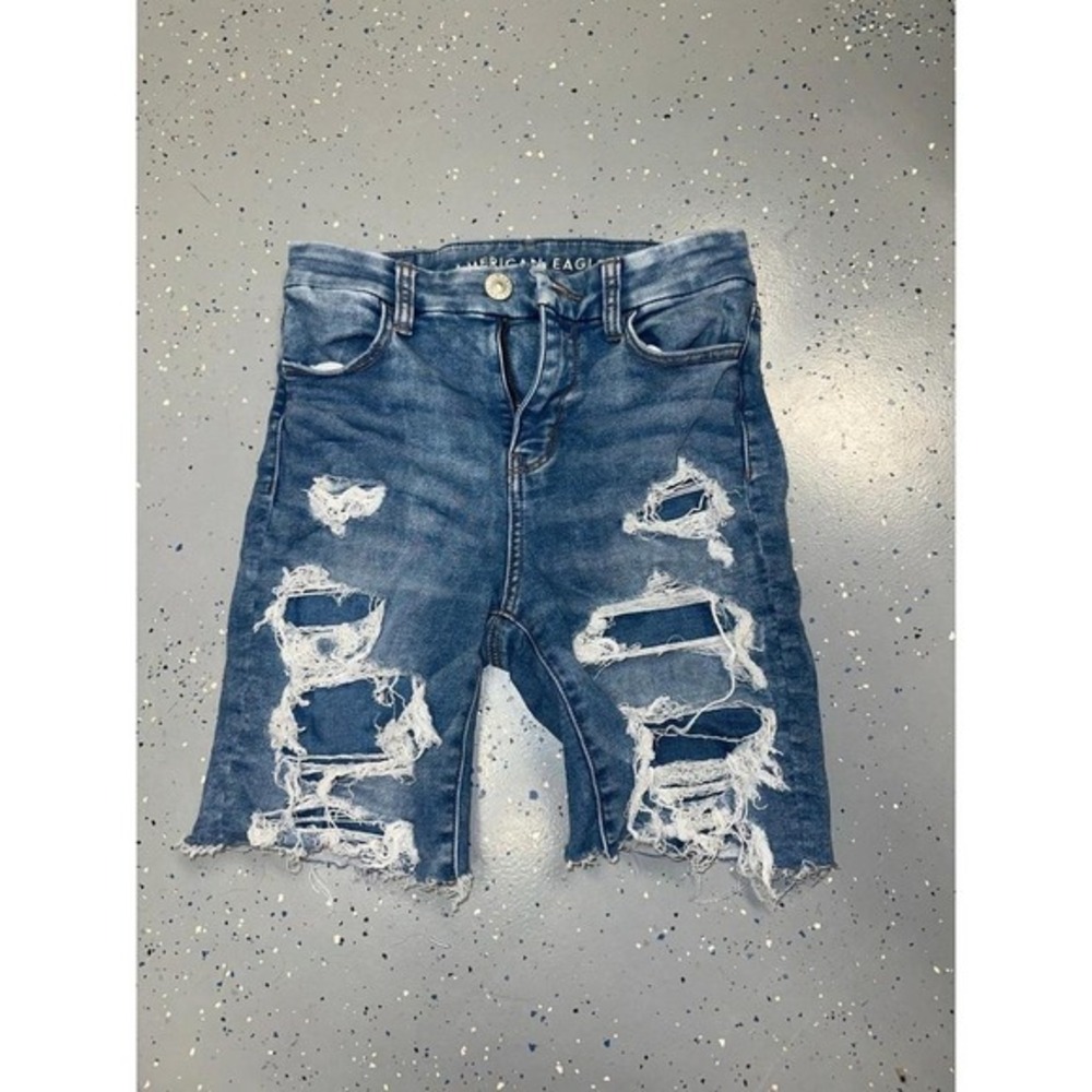 American Eagle Ripped Jean Shorts Size 0 Curvy hi-rise jegging Self made H4